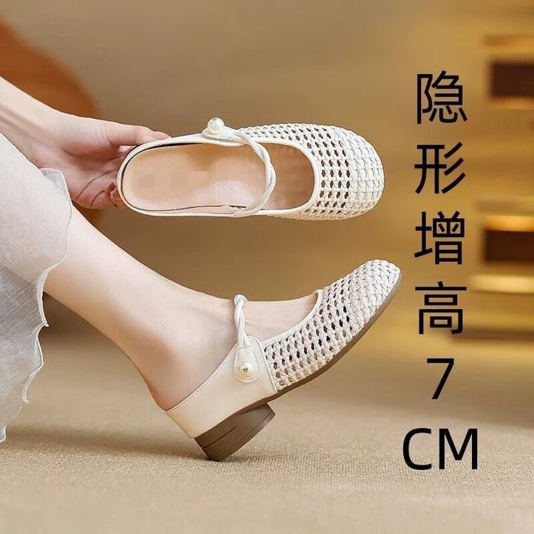 Aumentar la altura interior de la cabeza de la mitad de zapatillas para mujeres 2026 verano nuevo estilo de ropa exterior tejido hueco zapatos Mary Zhen zapatillas frías