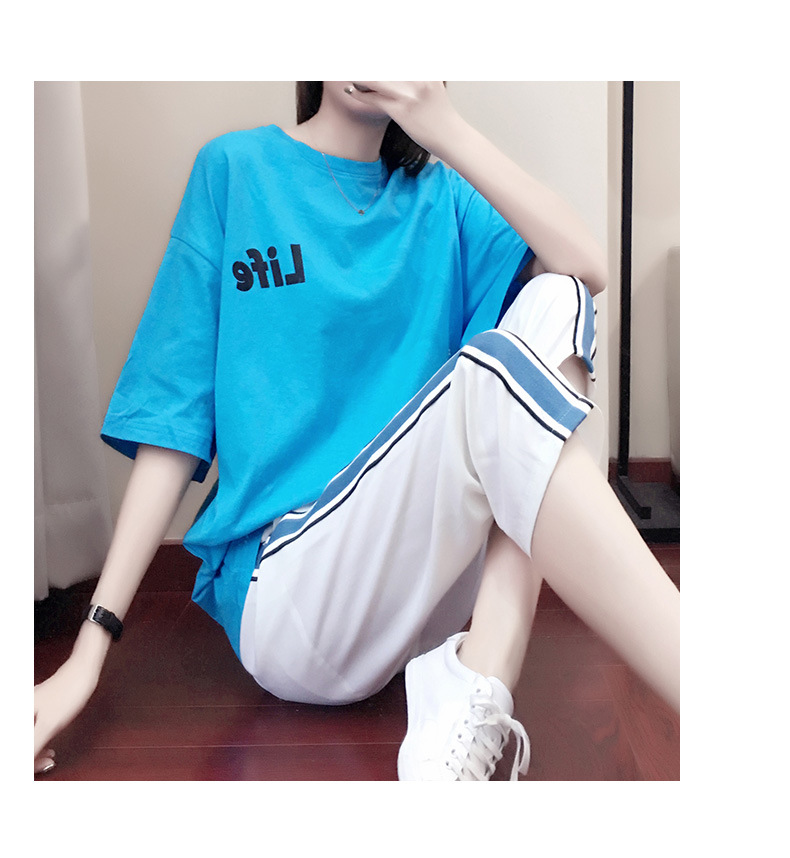 Summer Sports Women's Loose Casual Comfortable Printed Short Sleeve T-Shirt Color Block Jogger Nine-point Pants_voghion.com