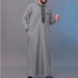 2025 Loose Muslim Men's Robe Long-Sleeved Embroidered Hooded Zipper Islamic Loose Casual Men's Robe