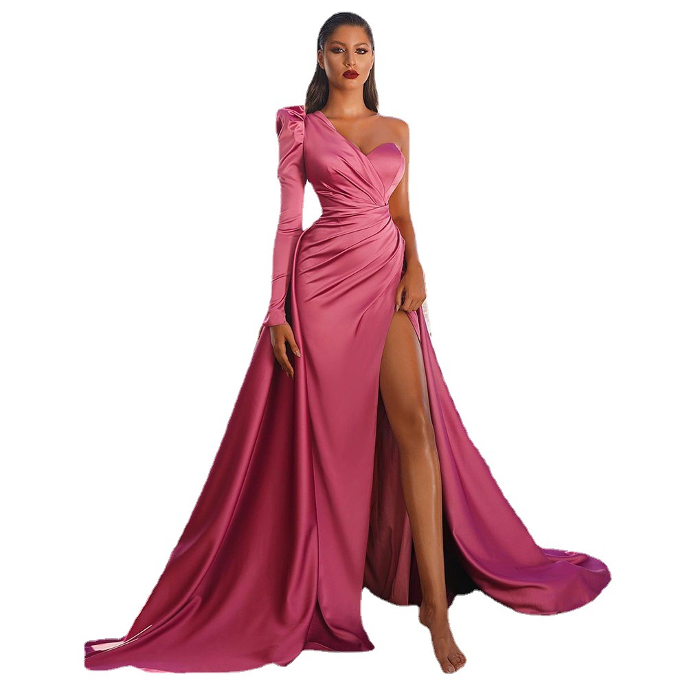 Comercio exterior europeo y americano Amazon AliExpress deseo nuevo vestido de cena de satén de un hombro vestido largo sexy Split