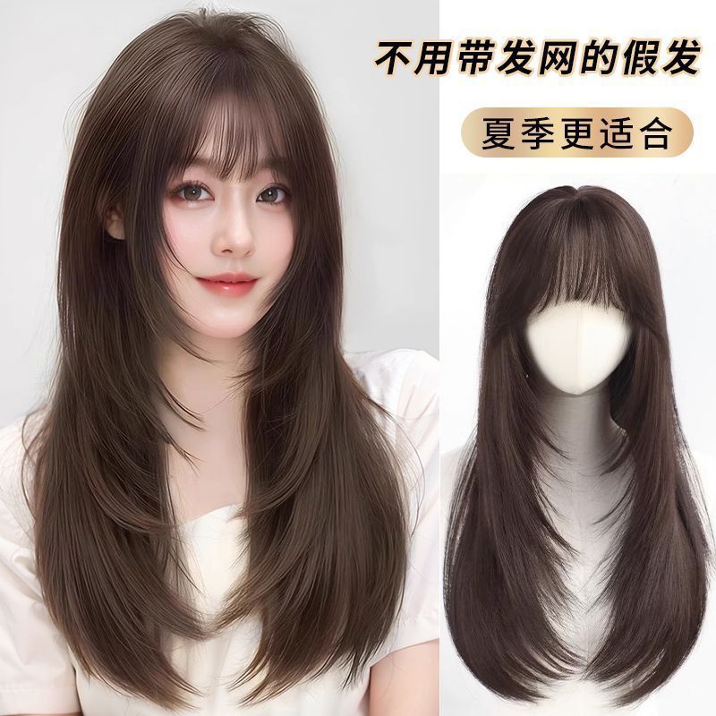 긴 머리를 가진 여성용 가발, 볼륨감 있는 인공 모발, 머리망을 착용할 필요 없이 자연스럽고 높은 두개골, 머리 위에 인공 모발을 추가