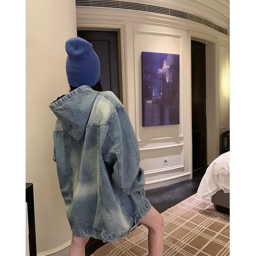 American retro denim hooded jacket women's spring 2024 new loose design mid-length top jacket