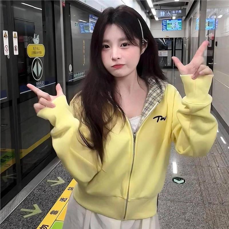 美式复古黄色卫衣女春秋新款设计感格子拼接百搭短款开衫外套上衣|undefined