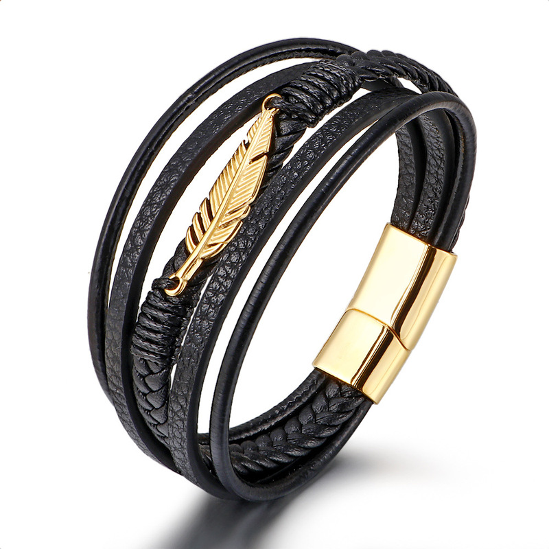 Amazon Foreign Trade European and American Stainless Steel Feather Bracelet Men's Multi-Layer Leather Braided Titanium Steel Magnetic Buckle Bracelet in Stock