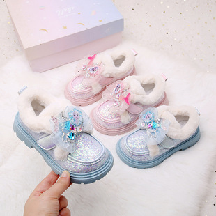 Girls' Cotton Leather Shoes Winter Warm Princess Fashion New Children's Soft Sole Slip-On Baby Furry Shoes Wholesale
