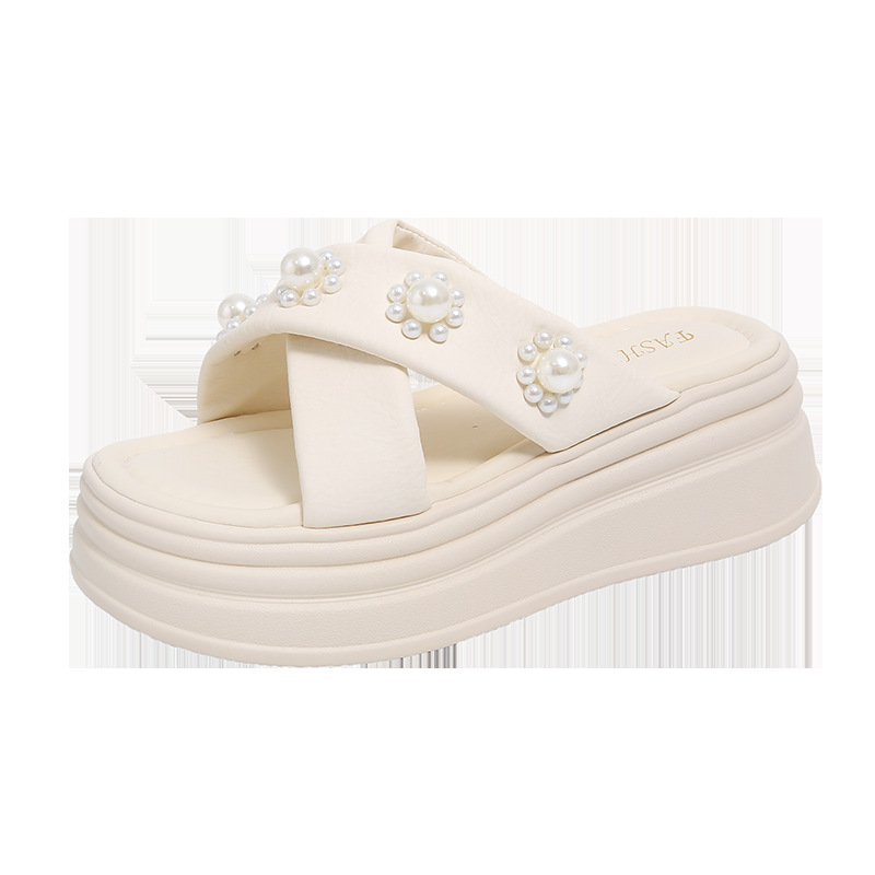 Thick-Soled Sandals for Women 2025 New Summer Pearl Design with Skirt Cross-Strap One-Line Slippers for Women