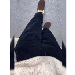 高腰直筒藏蓝色条绒休闲裤简约通勤小个子炸街洋气灯芯绒烟管裤女