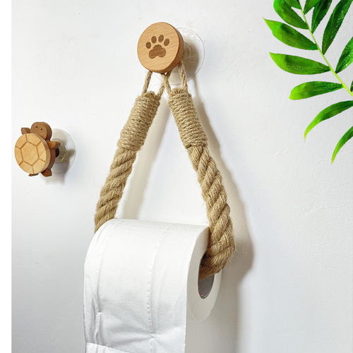 Hemp rope paper towel holder solid wood cotton rope woven storage towel rack washcloth storage rack creative punch-free paper roll holder