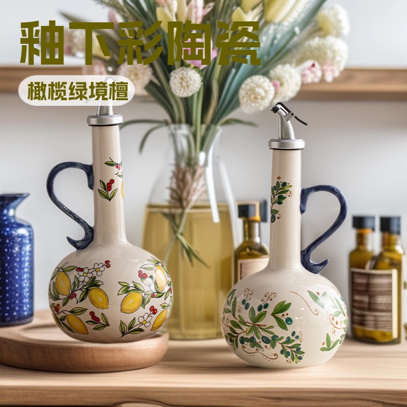 Cross-Border Supply of Ceramic Vinegar and Oil Bottles, Olive Oil Kitchen Seasoning Bottles, Artistic Italian Kitchen Sauce Bottles with Underglaze Color