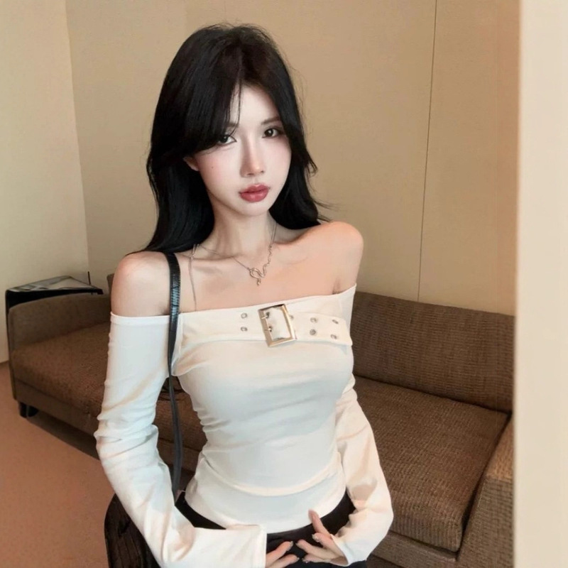 American Hot Girl One-Shoulder Long-Sleeved T-Shirt Women's Autum New Design Metal Buckle Off-Shoulder Slim Top Ins