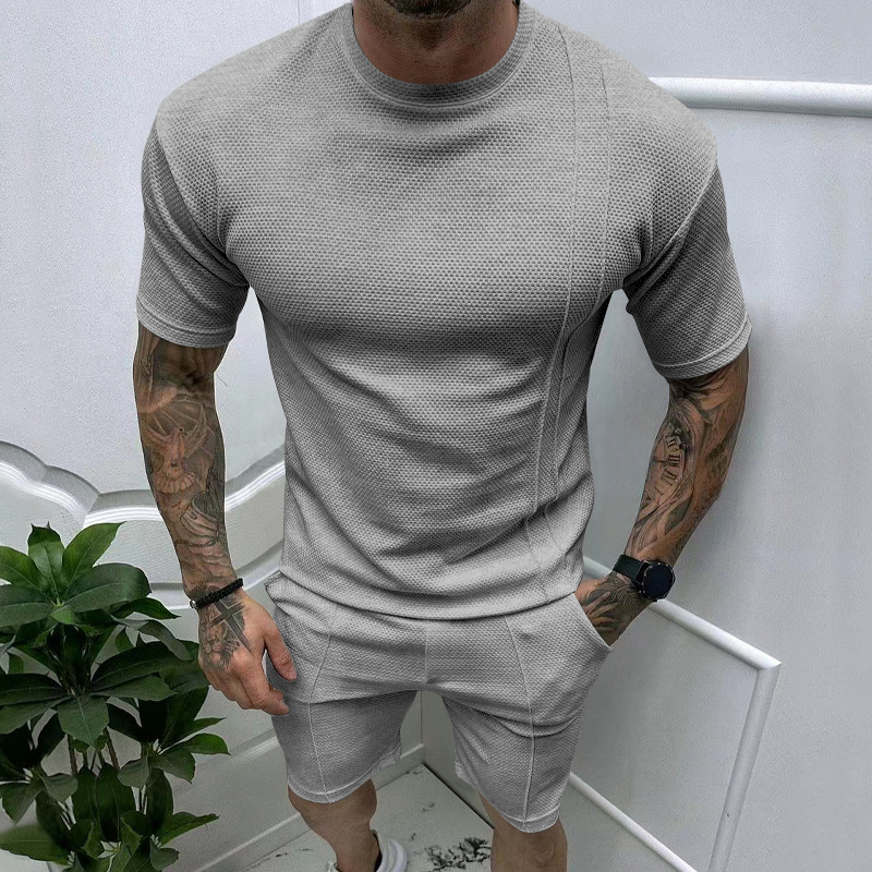 Nuevo Europa y los Estados Unidos transfronterizos ventas calientes para hombres de verano de color sólido pantalones cortos casuales de manga corta conjunto deportivo de verano conjunto de dos piezas