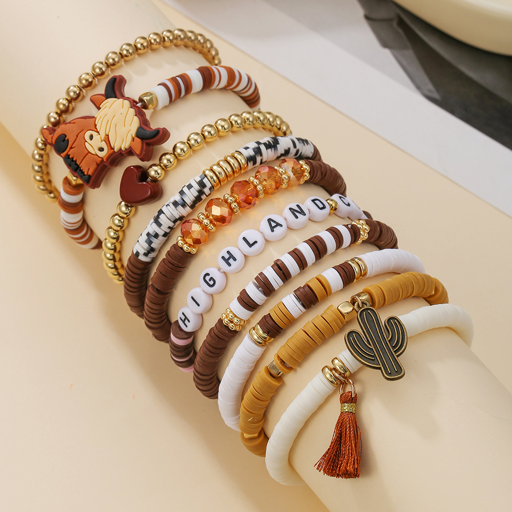 Vintage Western Denim Style Soft Pottery 10 Combination Bracelet Popular Cactus Letter Beaded Love Hand suit