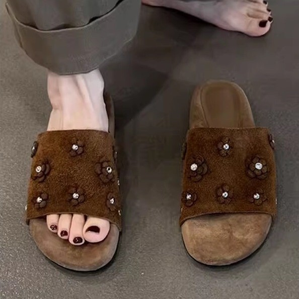 Sheepskin Version ~ Genuine Leather Round-Toe Open-Toe Birkenstock Sandals with Flower Design, Comfortable, Fashionable and Versatile Thick-Soled Slippers