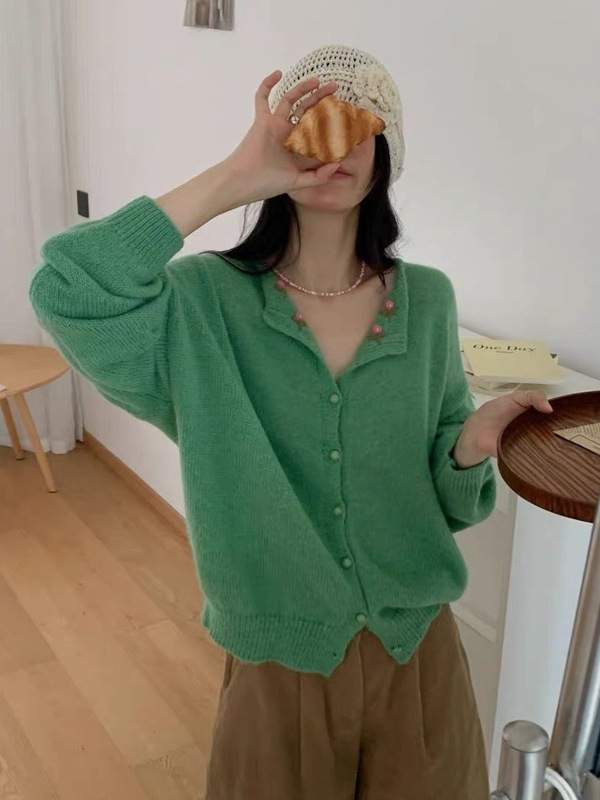 温柔风甜美刺绣花朵翻领针织开衫女秋季新款宽松气质软糯毛衣外套|undefined