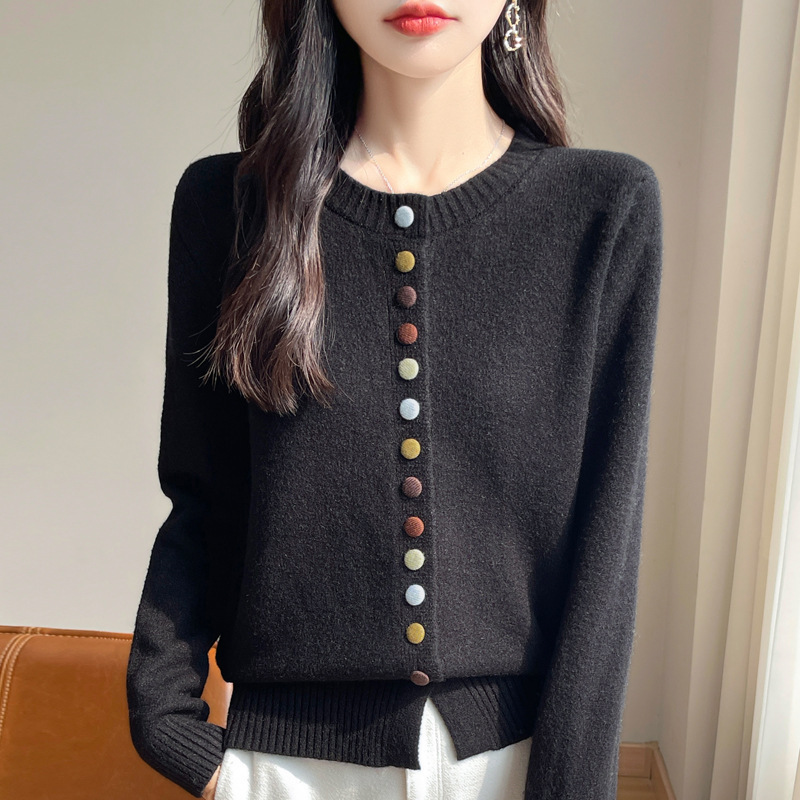 女士春秋洋气小香风彩扣针织开衫宽松外搭毛衣休闲圆领加厚上衣|undefined
