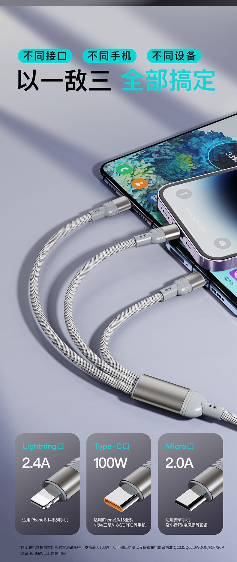 100W İkiye Üçlü Süper Hızlı Şarj Veri Kablosu Üçü Bir Arada Metal Huawei Apple Örgülü Hediye Şarj Kablosu