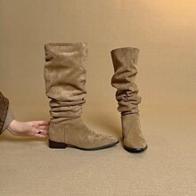 牛皮版~美拉德靴子绒面褶皱堆堆靴女粗跟尖头过膝长靴显瘦西部靴