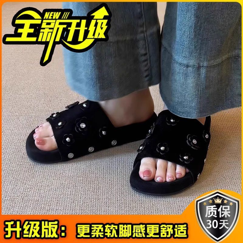 花朵水钻露趾一字凉拖鞋女外穿夏季时尚复古绒面拖鞋厚底百搭凉鞋|undefined
