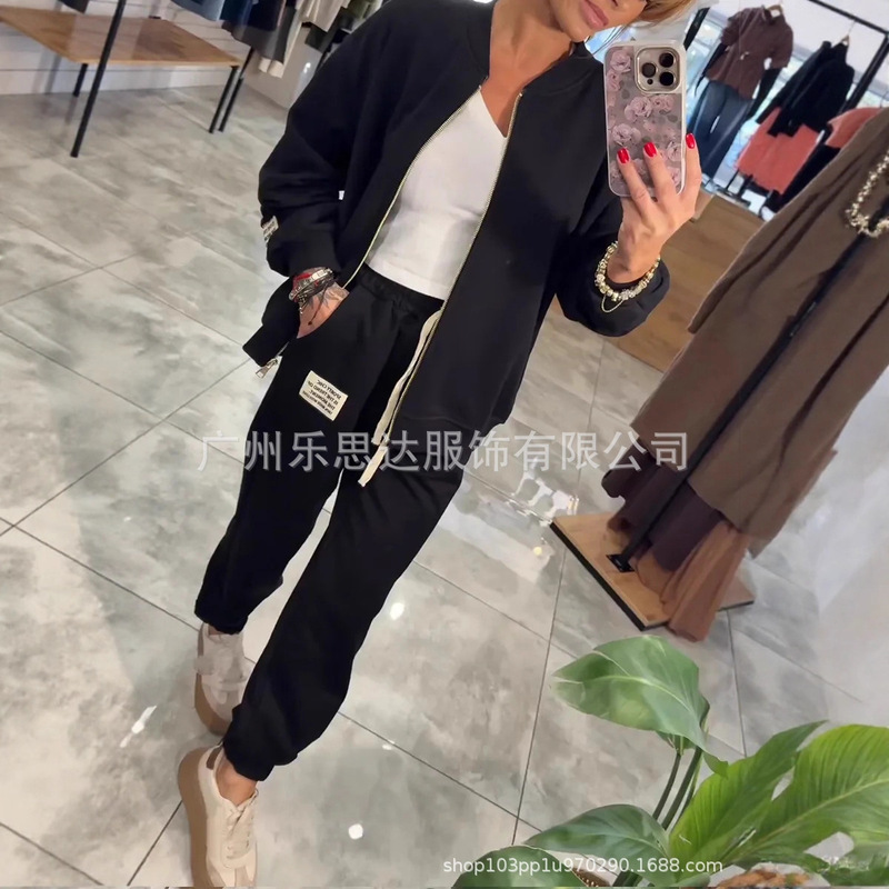 25秋冬新款亚马逊独立站欧美跨境女装圆领拉链外套裤子休闲套装|undefined