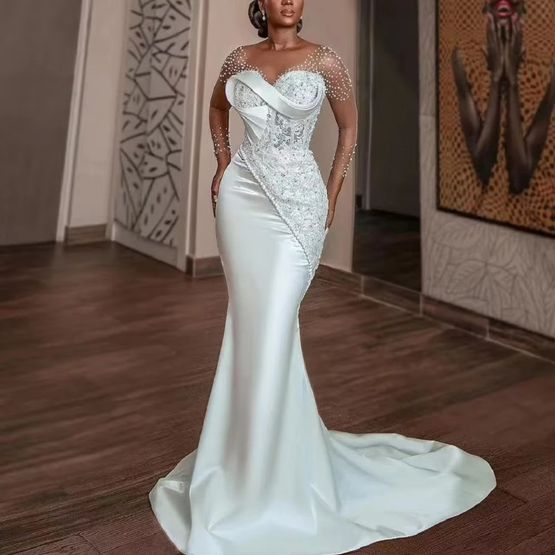 High-End Wedding Dress, White, Elegant, Long-Sleeved, 2026 New Style, Slim-Fitting Fishtail Birthday Dress, African Beauty, Sexy Woman High-End Wedding Dress, White, Elegant, Long-Sleeved, 2026 New Style, Slim-Fitting Fishtail Birthday Dress, African Beauty, Sexy Woman