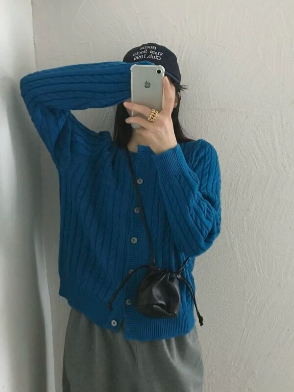 韩国纯色麻花针织开衫女秋季新款外搭宽松圆领短款小个子毛衣外套|undefined