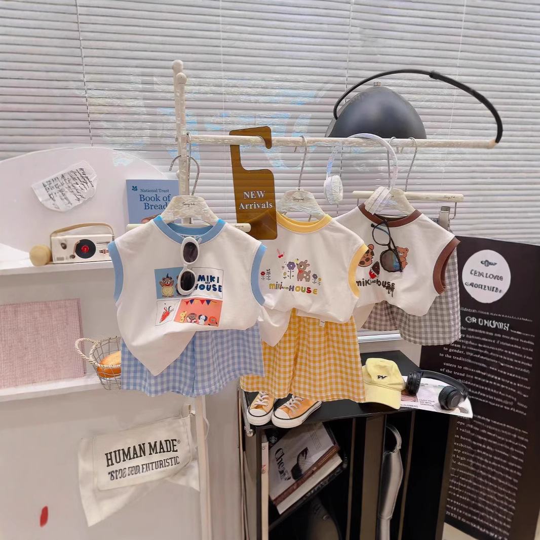 Summer New Versatile Graffiti Vest Plaid T-Shirt Shorts Two-Piece Set for Boys and Girls Suit Lycra Cotton