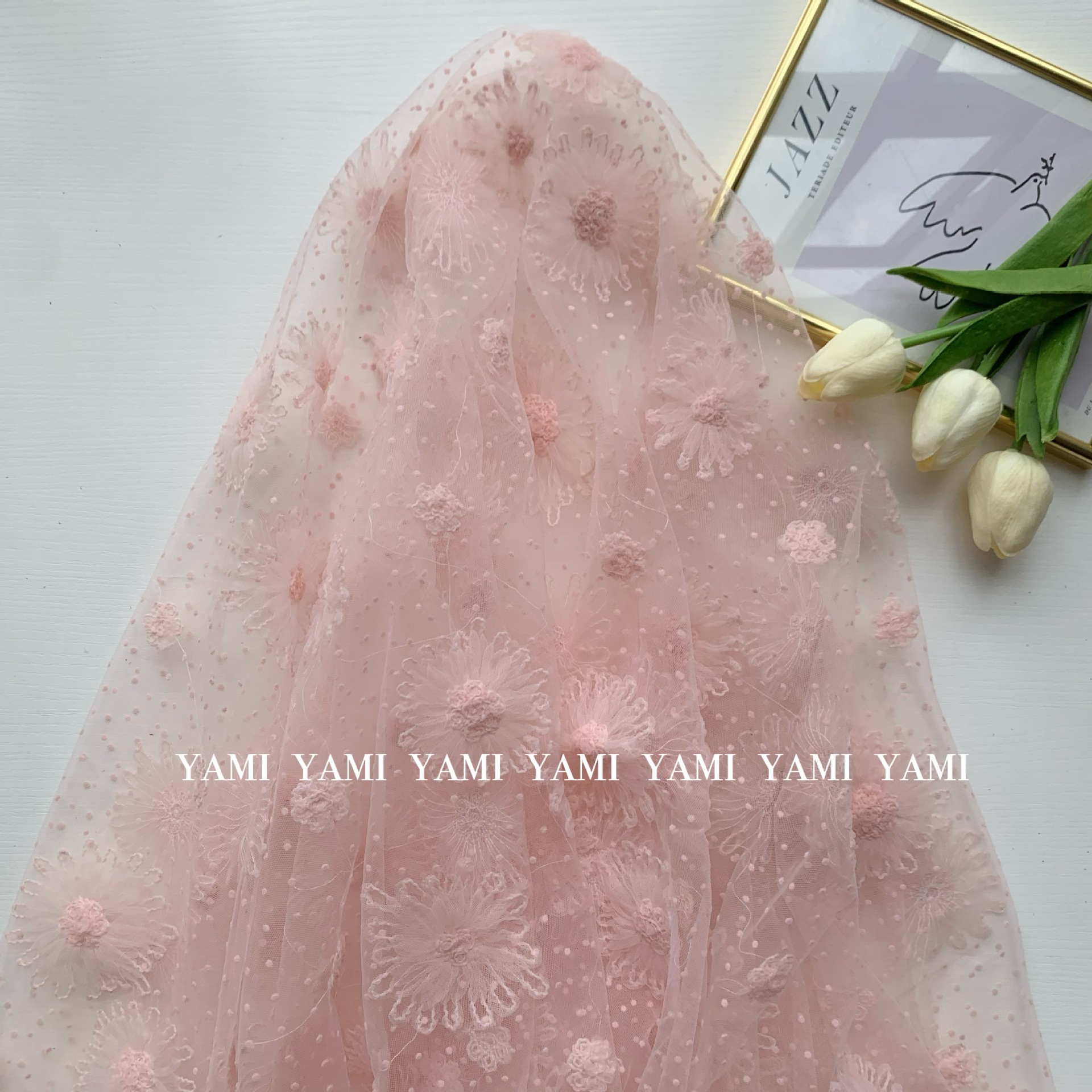 Brillante punto flocado crochet flor tridimensional flor hermosa flor Lolita vestido de novia ropa para niños tela de malla