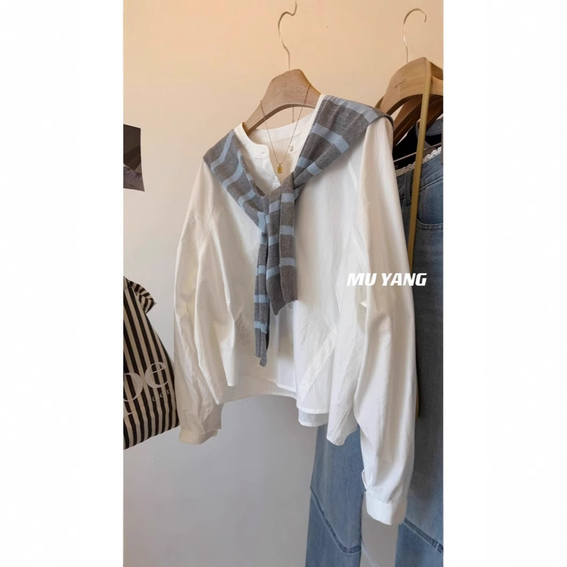 MUYANG South Korea Striped Contrast Knitted Shawl Crewneck Long Sleeve Design Sense Shirt Sense Shirt