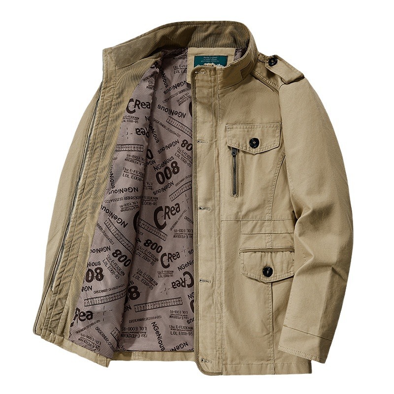 Men's Clothing Pure cotton men's jacket new spring and autumn thin stand collar men's coat casual loose large size mid length top_voghion.com