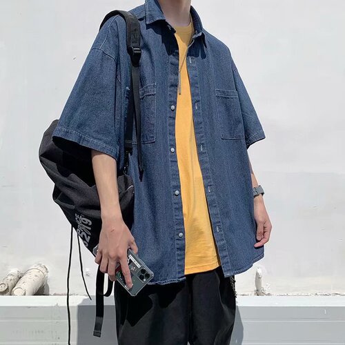 Men's Jeans Shirt, Korean Style, Fashion Summer Short Sleeve Jacket, Half Sleeve, Hong Kong Style, Bad Boy Chic, Workwear Compatible, Five-Finger Sleeve