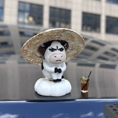 emo grassland cow car Car ornaments - rotating1-grassland-cow-straw-hat-iced-americano-with-adhesive