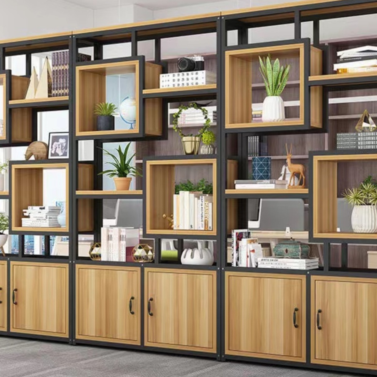 책장 바닥에서 천장까지 간단한 다층 책장 사무실 현대 스크린 꽃 스탠드 거실 철 파티션 벽 스토리지 랙
