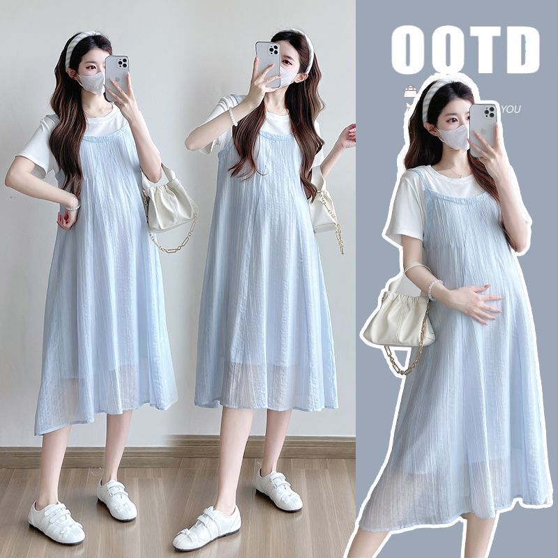 Pregnant Women's dress 2025 New Summer Korean Fashion Loose Slimming Fashionable Fake Two-piece Slip Skirt