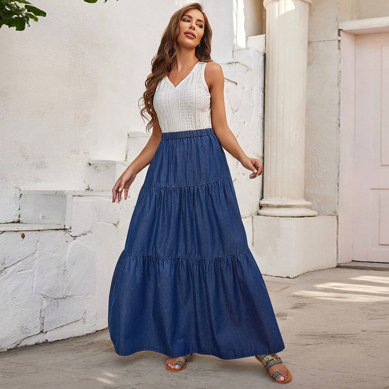 Jupe maxi en jean grande taille avec poches en coton stretch_voghion.com