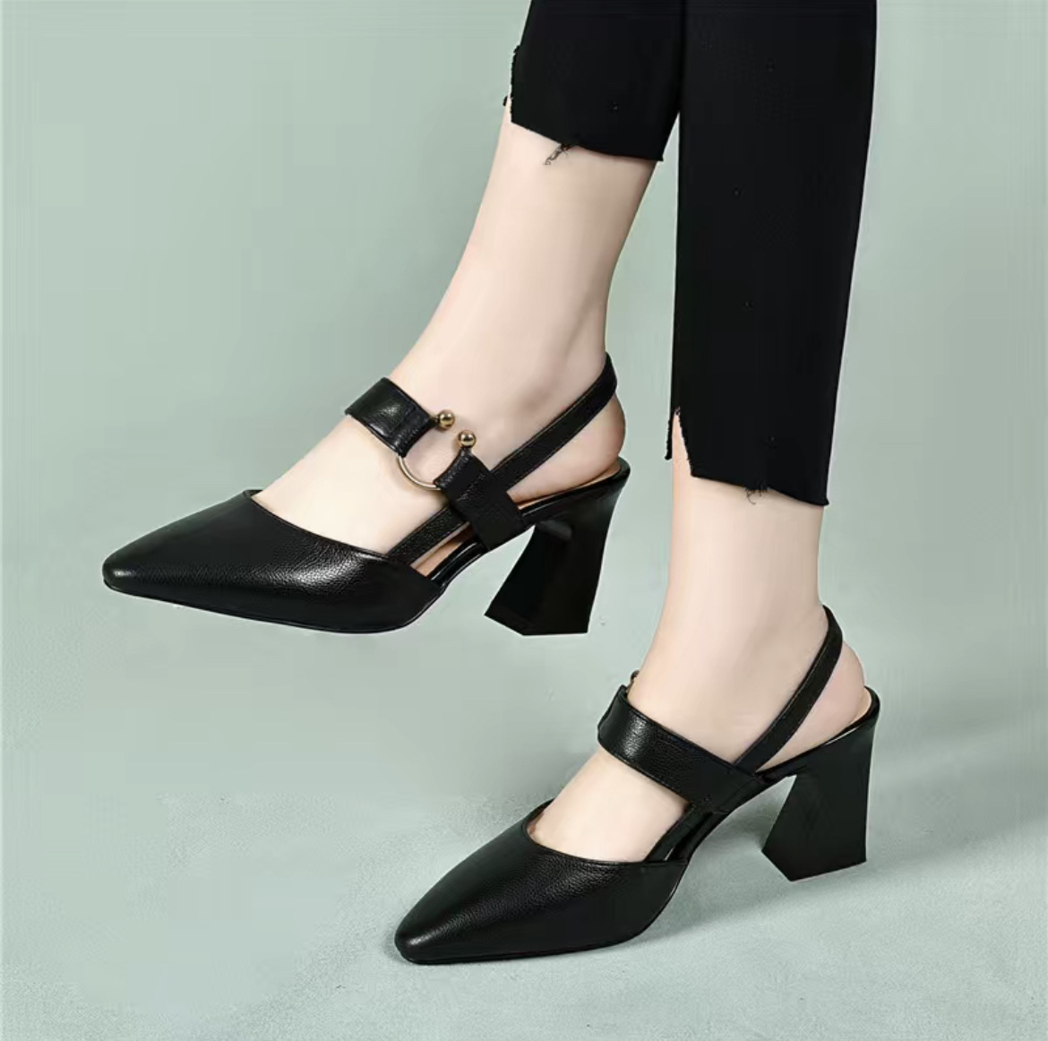 Sandal nữ mũi nhọn quai ngang da thật gót 5 cm — Màu mơ 5 cm