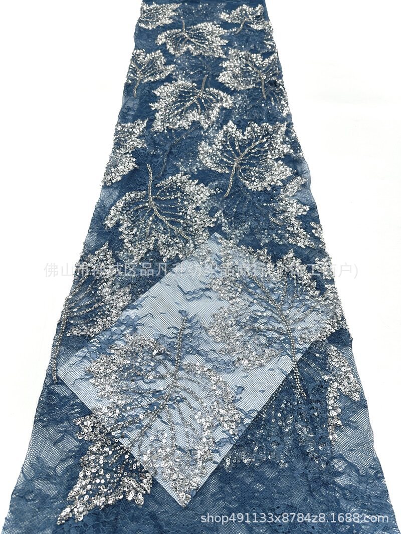 Nuevo encaje de hoja de arce hecho a mano tela de cuentas de clavado sequilla cola de pescado vestido de brindis cena anual vestido de tela en stock