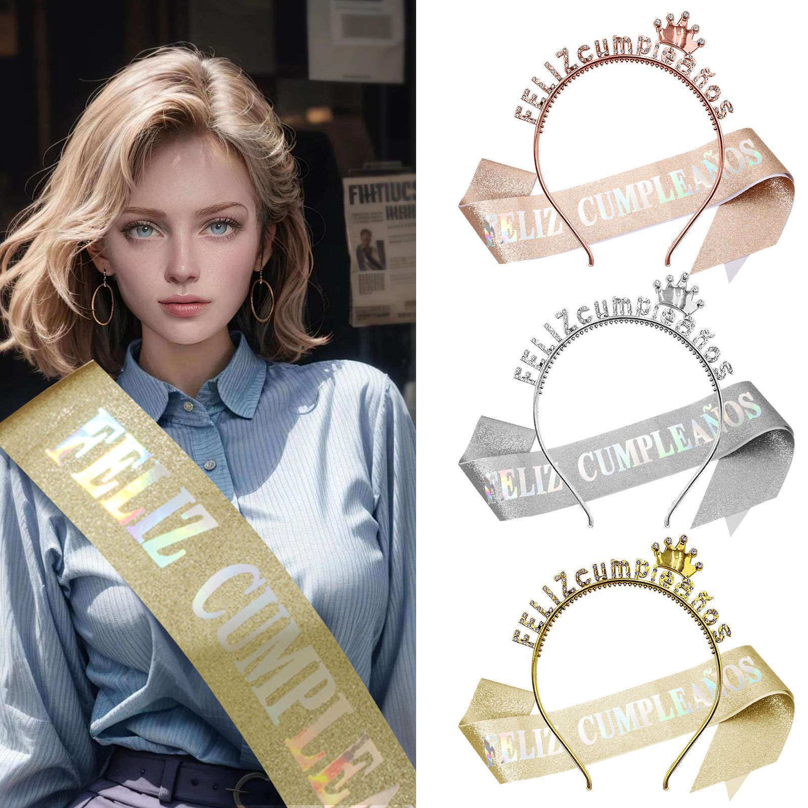 Cumpleaños español correa de hombro serie de taladro de plástico chapado en oro fiesta de ventas calientes en el extranjero de Europa y América