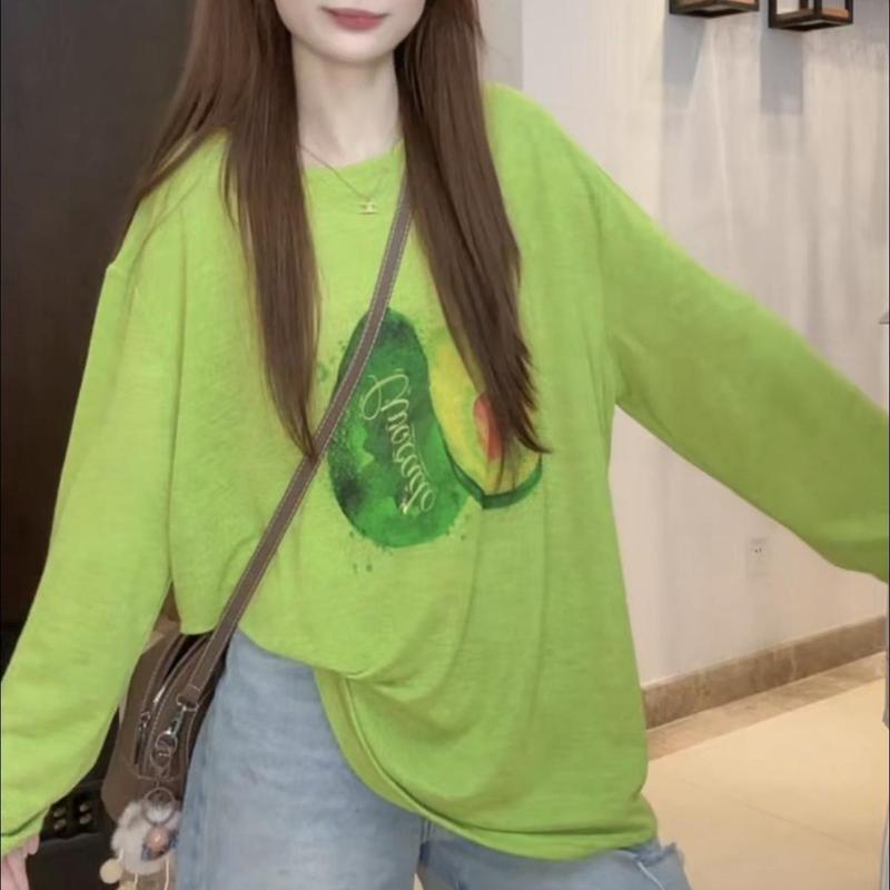 【自家工厂现货】韩系彩色印花圆领长袖t恤女夏季慵懒风百搭罩衫|undefined