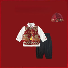 男宝宝周岁礼服儿童汉服中国风婴幼儿生日抓周喜庆麒麟三件套唐装