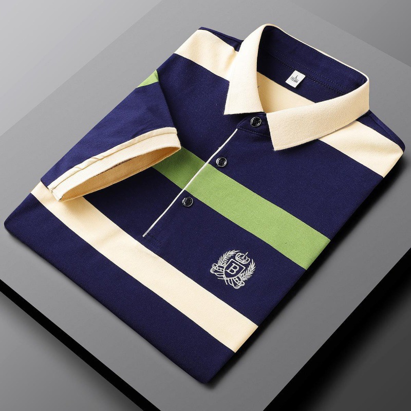 POLO hombre de alto nivel ligero de negocios camiseta de rayas verano nuevo golf de manga corta camiseta bordada con la tapa de rayas