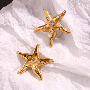 European and American Fashionable Retro Creative Earrings Stainless Steel Plated 18K Gold Geometric Asymmetrical Sticky Diamond Starfish Earrings