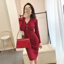 4834跨境外贸女装批发东南亚针织V领连衣裙女修身包臀打底背心裙