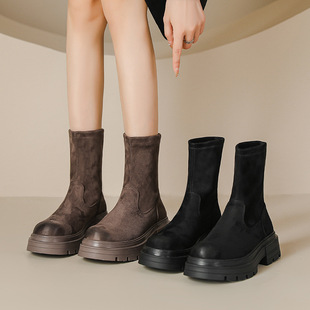 Women's brushed short boots autumn and winter New British style retro stretch thin boots thick bottom short boots suede Knight boots