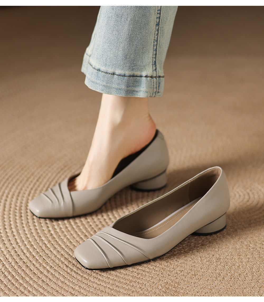 Giày cao gót nữ da cừu mũi vuông gót thấp 3 cm, kiểu dáng nếp gấp thanh lịch — đen chi tiết 5