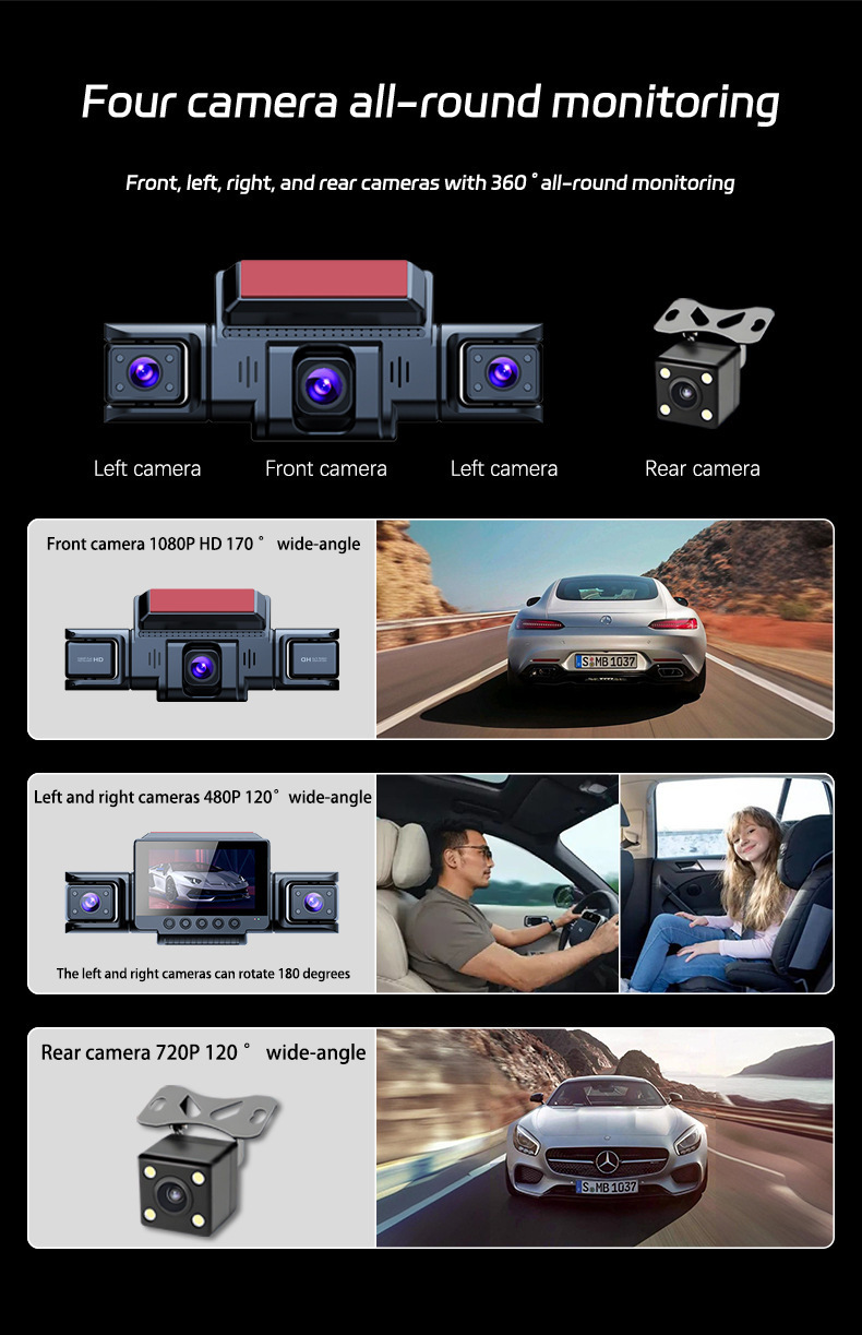 3.0inch Wifi Camera with 4 Lenses, 4 Simultaneous Recording and Display, 1080P Wifi Hidden High-Definition Dash Cam