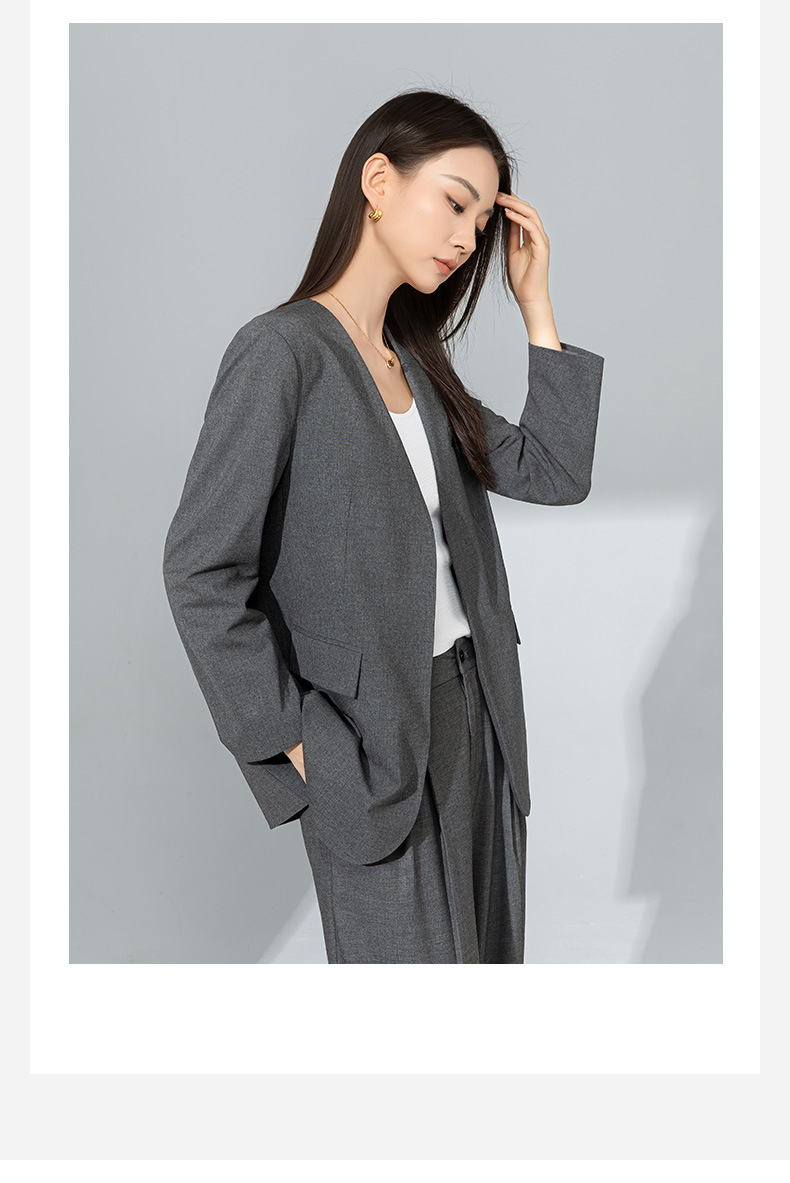 Áo blazer nữ cổ V len TR cao cấp dáng suông công sở — Quần màu xám 73144113 chi tiết 4
