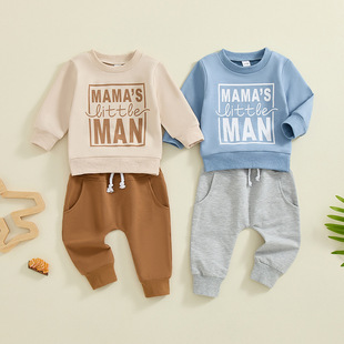 Cross-border autumn children's clothing boys casual letter printed pullover sweater solid color trousers two-piece set a generation of hair