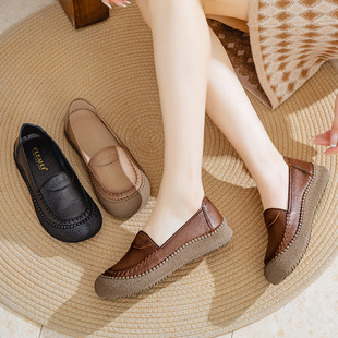 2025 Spring and Autumn Genuine Leather Soft-soled Middle-aged Mother's Round-toe Real Cowhide Shoes Casual Comfortable Women's Shoes 25007