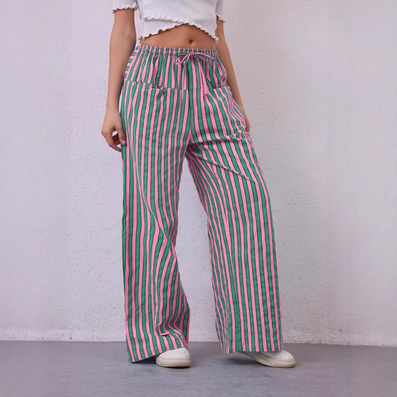 Amazon 2024 New Women's European and American INS Wide Leg Pants Low Waist Casual Striped Pants Drawstring Multi-Bag Pants Straight