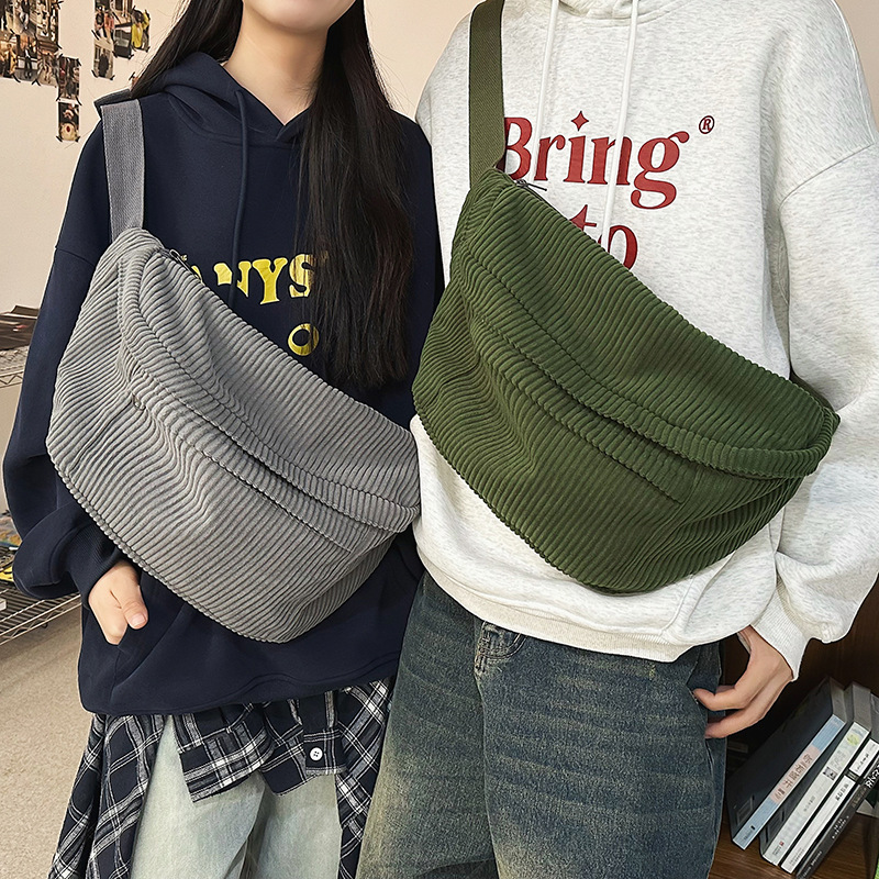 Cross-border corduroy simple sports small crossbody bag, women's casual style, solid color, large capacity, men's lightweight chest bag